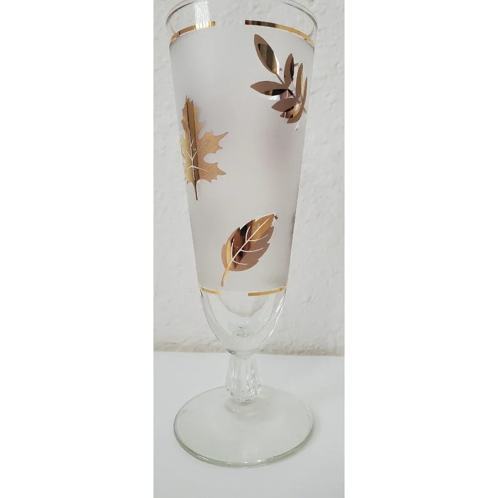 Libbey Gold Leaf Frosted Footed Pilsner Glass Vintage